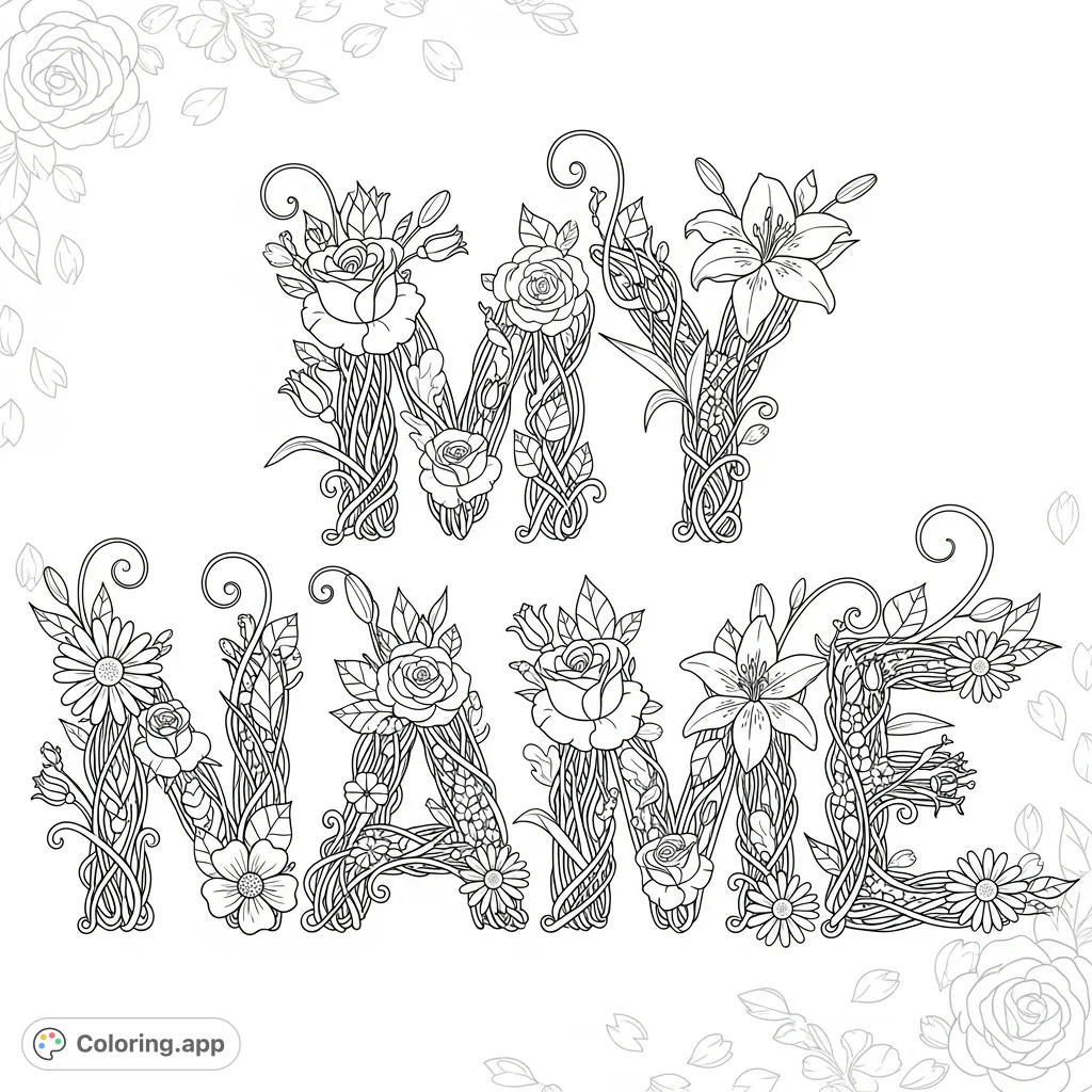 A beautiful "MY NAME" floral coloring page, featuring intricate botanical letters, intertwined stems, and delicate blossoms for a personalized creative escape.