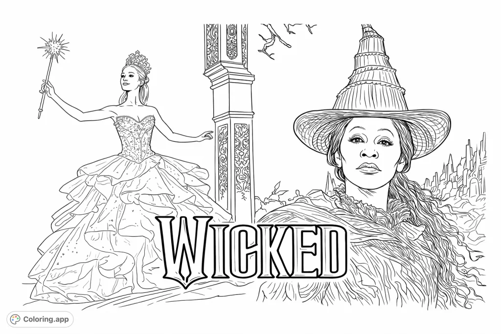 Step into the magical world of Oz with this intricate Wicked coloring page featuring Glinda in her grand gown and Elphaba with her iconic hat and intense gaze.