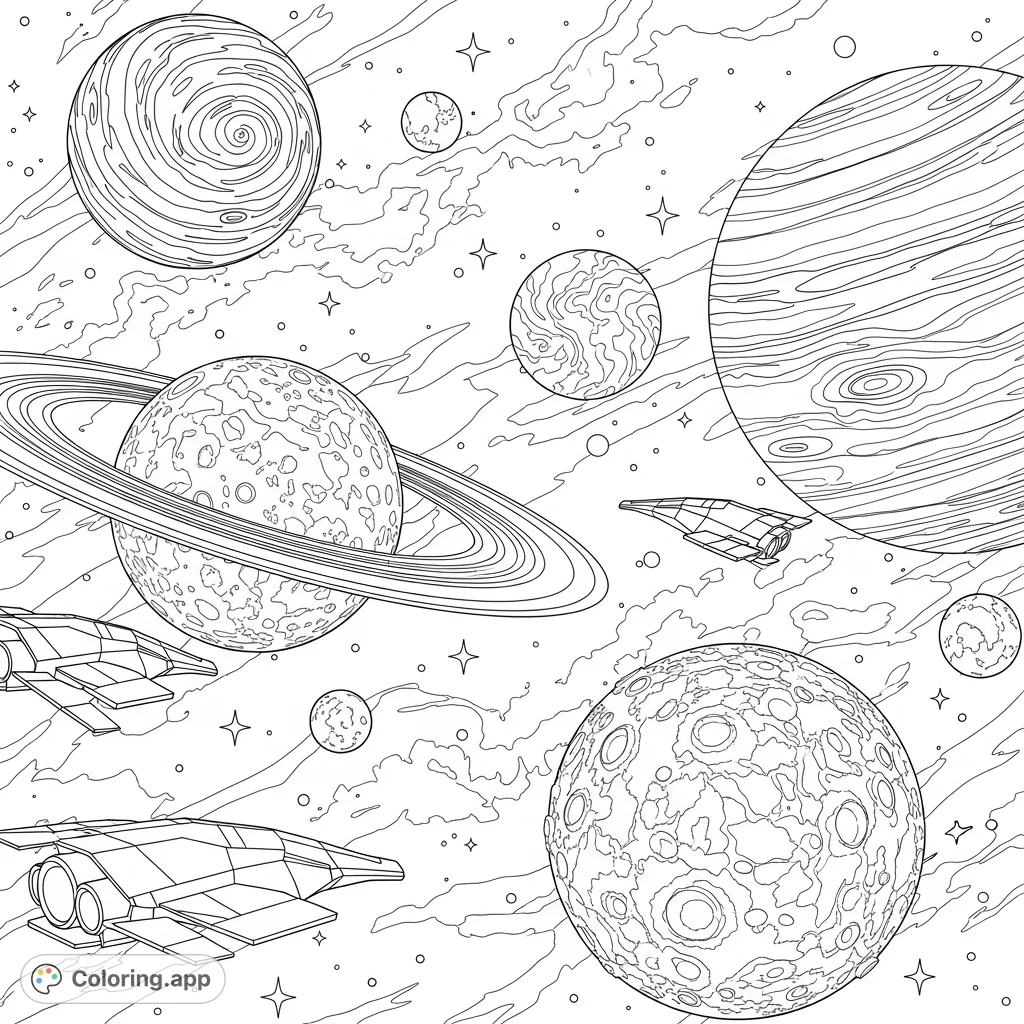 Embark on a coloring adventure through a vast sci-fi space planetary system featuring ringed planets, cratered worlds, gas giants, and futuristic spacecraft.