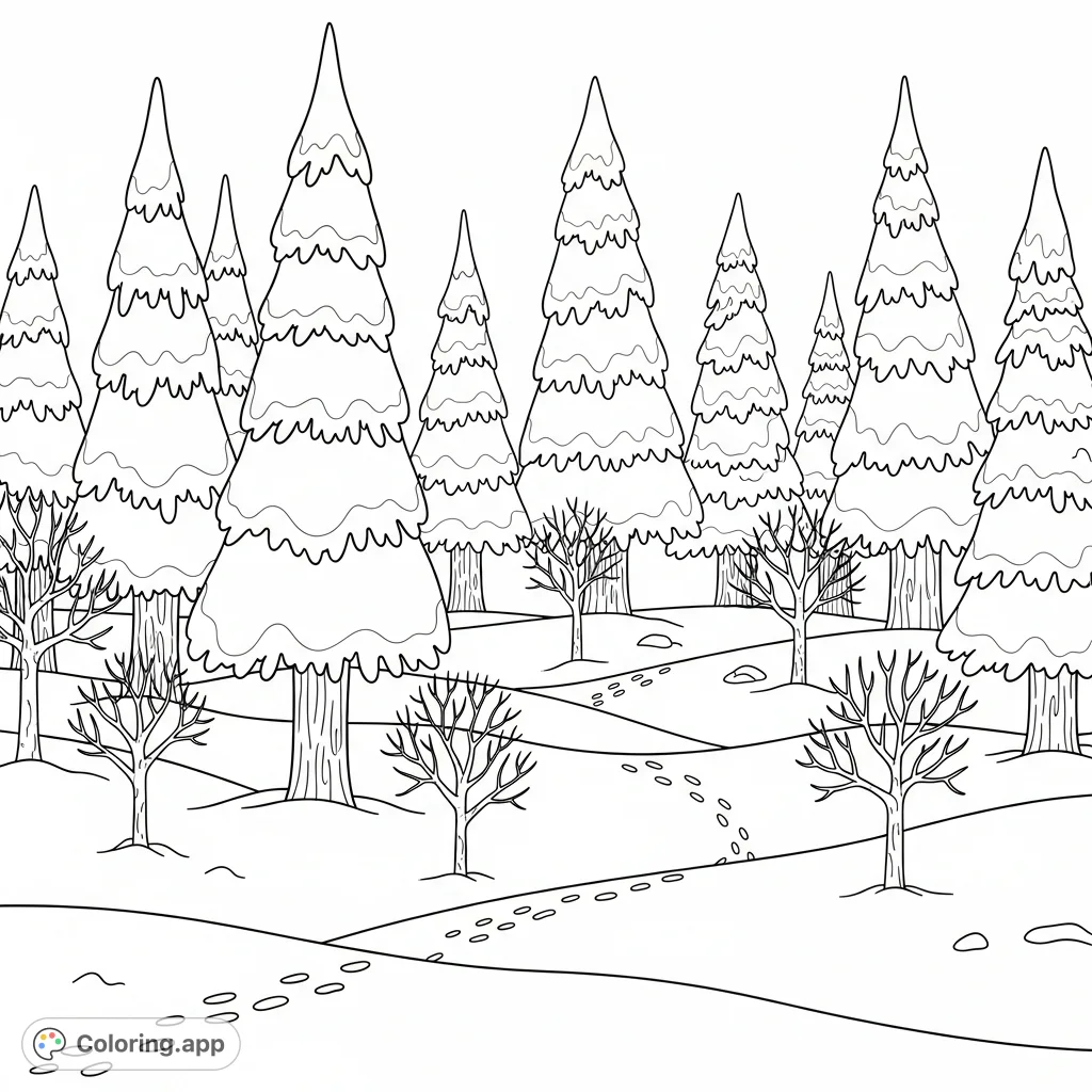 Explore a charming cartoon winter forest coloring page, featuring snow-laden pine trees, frosty drifts, and subtle animal tracks for a delightful creative experience.