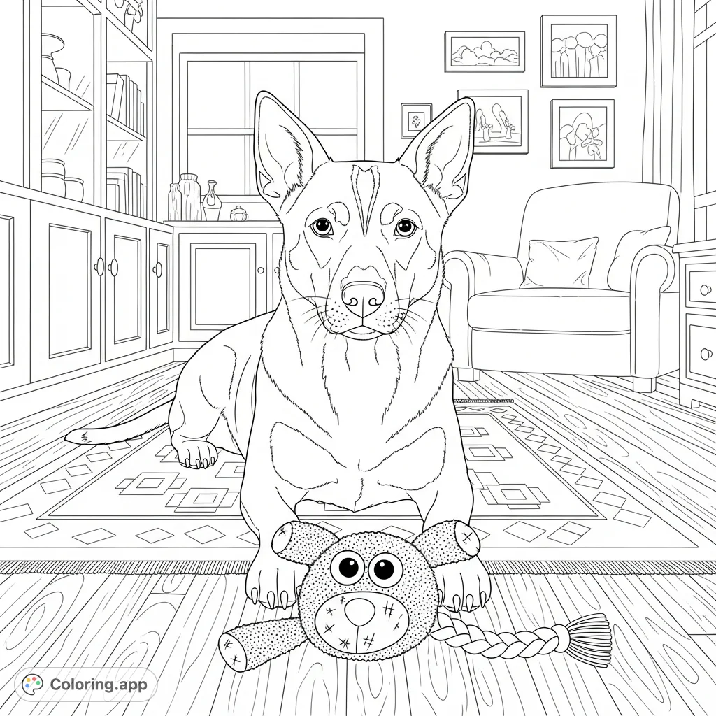A charming domestic canine rests on a patterned rug, its gaze forward, with a beloved plush toy nearby. Detailed household scene, perfect for relaxation.