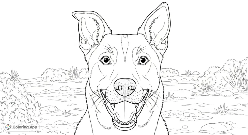 A charming close-up of a happy dog's head with expressive eyes, a wide open mouth, and textured fur, set against a natural ground.