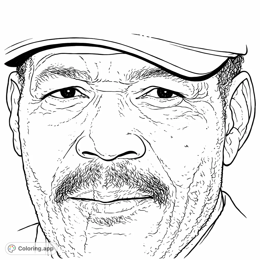 A compelling man's portrait in a baseball cap coloring page, featuring detailed facial characteristics for a realistic and engaging coloring experience.