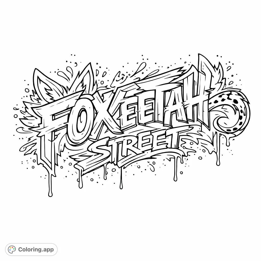 Dynamic graffiti-style lettering of 'Foxeeiah Street' with drips, splatters, and urban flair, offering a high-energy coloring challenge.