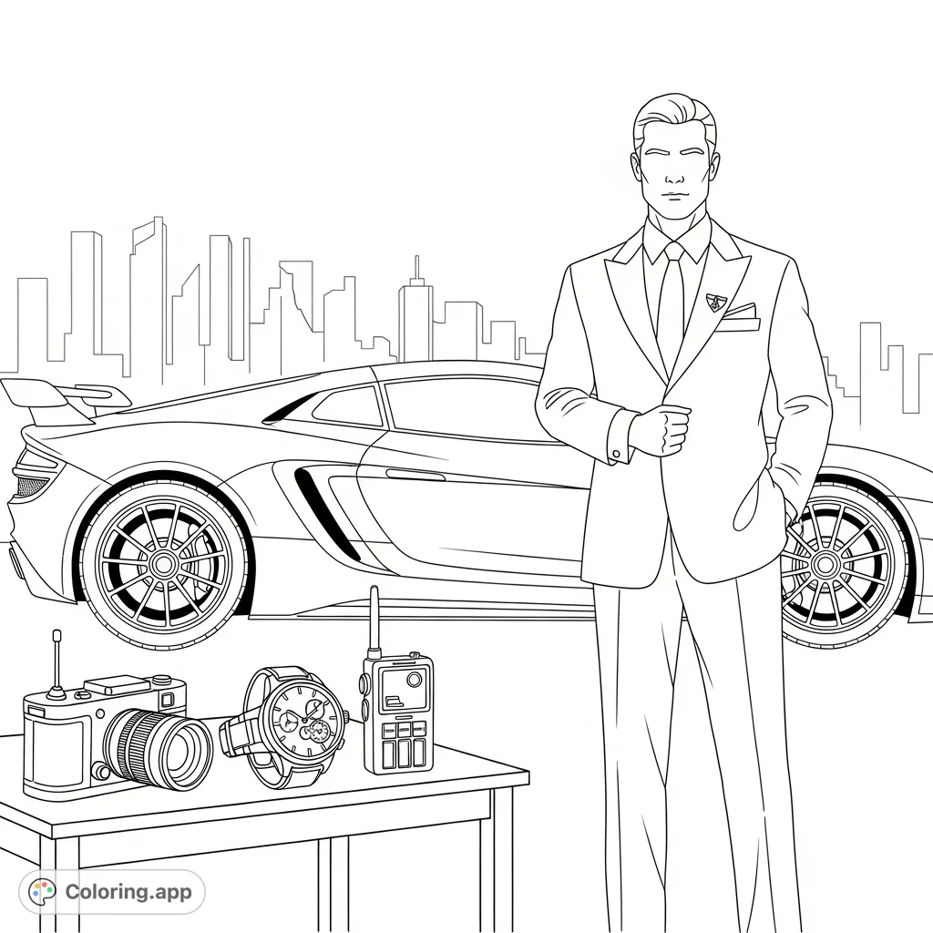 Unleash your creativity with this detailed coloring page featuring a sophisticated secret agent, cool gadgets, and a sleek sports car against a city skyline.