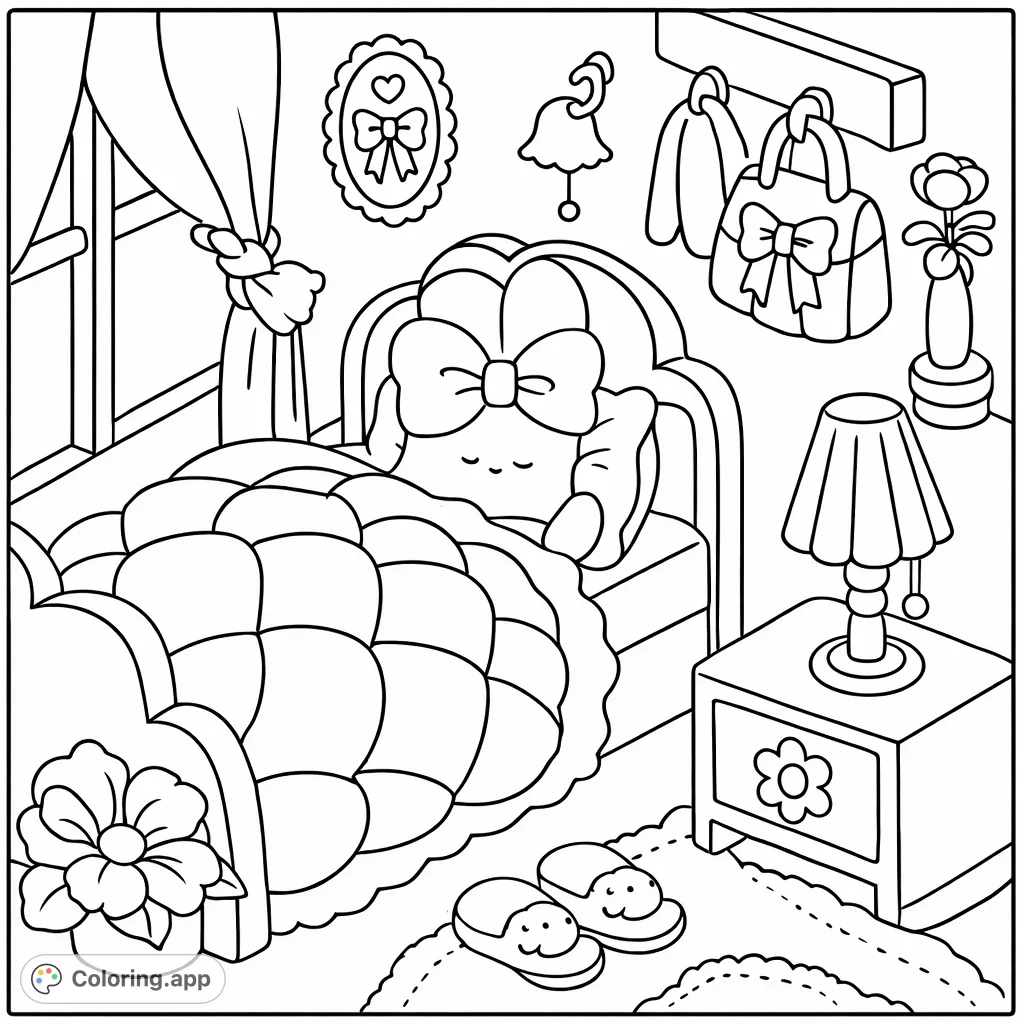 A charming coloring page featuring a cute rabbit character fast asleep in a cozy bedroom filled with delightful details, perfect for relaxation.