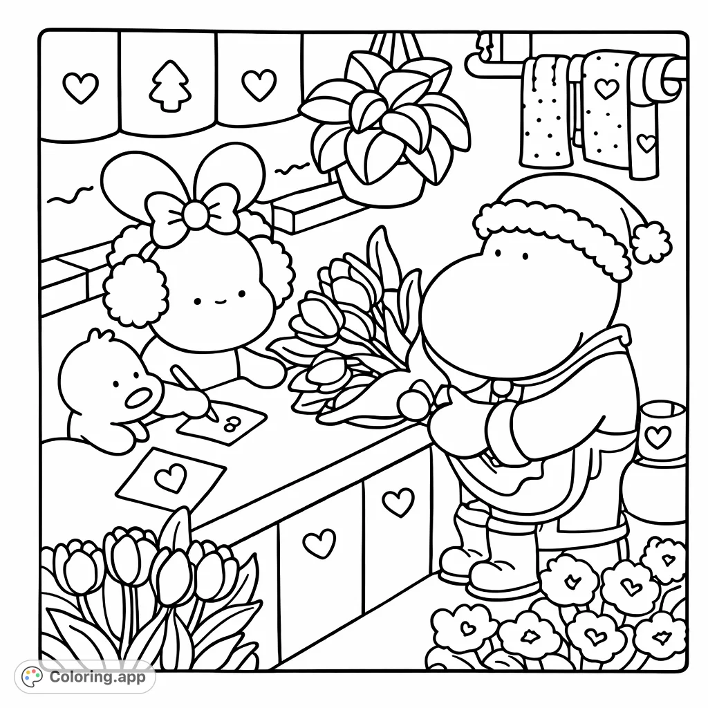 Two adorable characters exchange a beautiful flower bouquet at a charming market stall, surrounded by cheerful details and blossoming flora. A heartwarming scene to color.