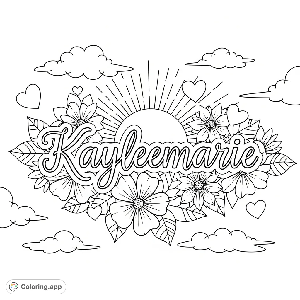 "Kayleemarie" elegantly written in cursive, surrounded by cheerful sunshine, blooming flowers, sweet hearts, and soft clouds for a personalized, delightful coloring page.