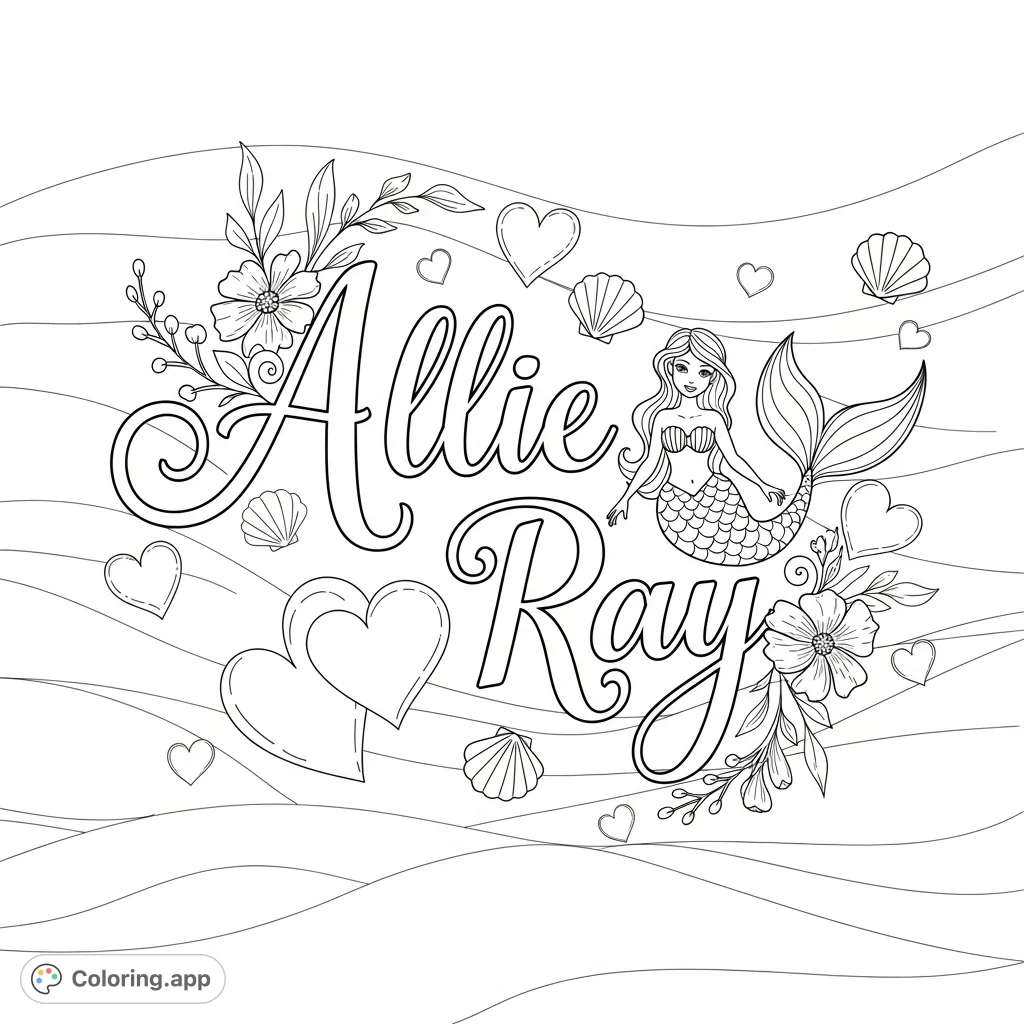 Personalize your world with the 'Allie Ray' coloring page, featuring elegant cursive, a mermaid, hearts, flowers, and ocean waves. A unique free printable.
