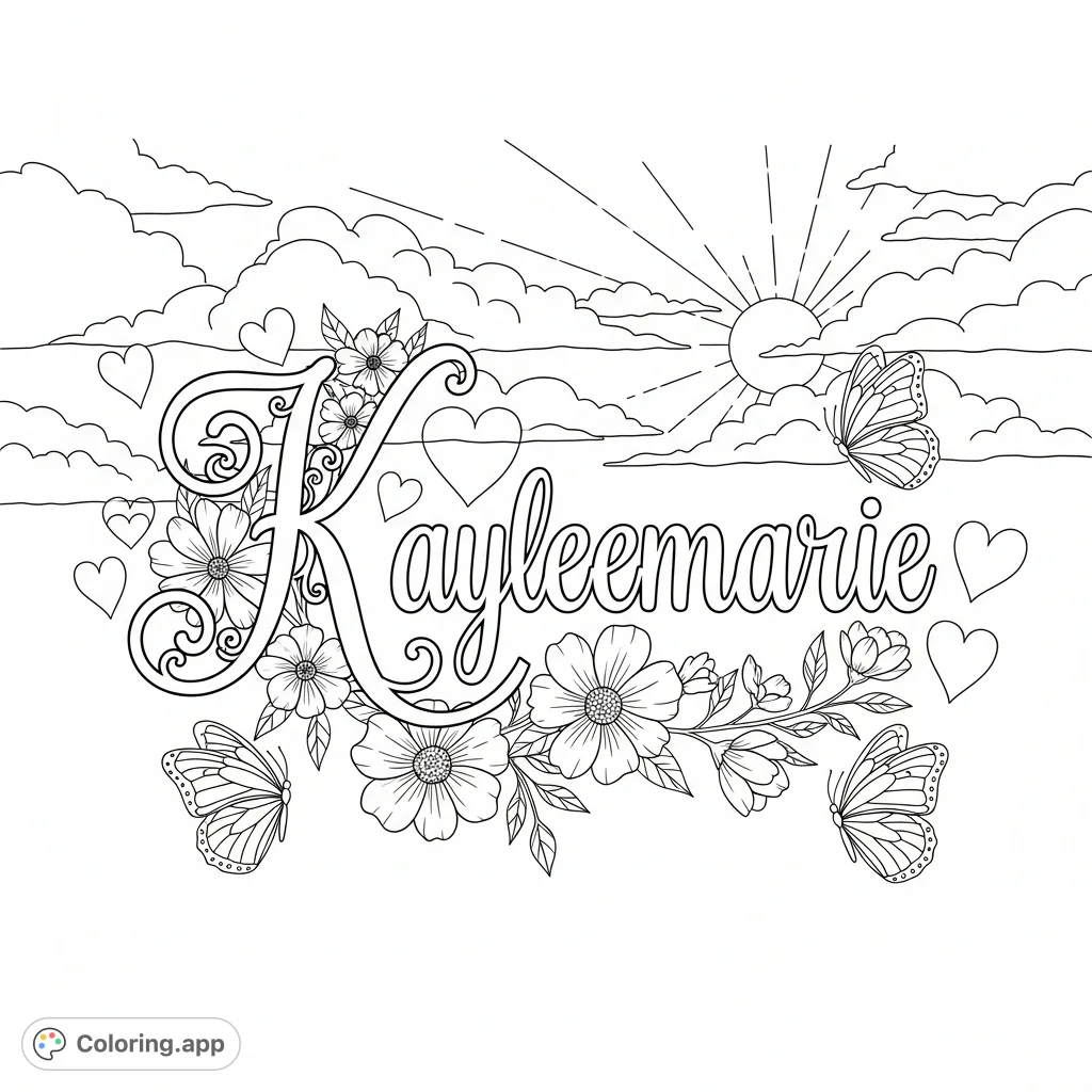 A charming personalized Kayleemarie coloring page featuring elegant cursive, detailed 'K', surrounded by hearts, flowers, butterflies, and a sunny sky.