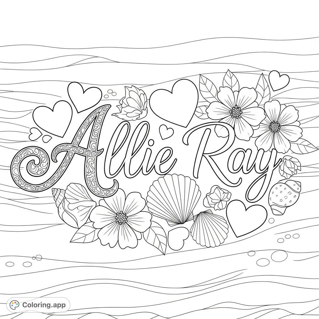 A stunning Allie Ray cursive coloring page with intricate lettering, surrounded by hearts, flowers, seashells, and ocean waves. Perfect for personalization!