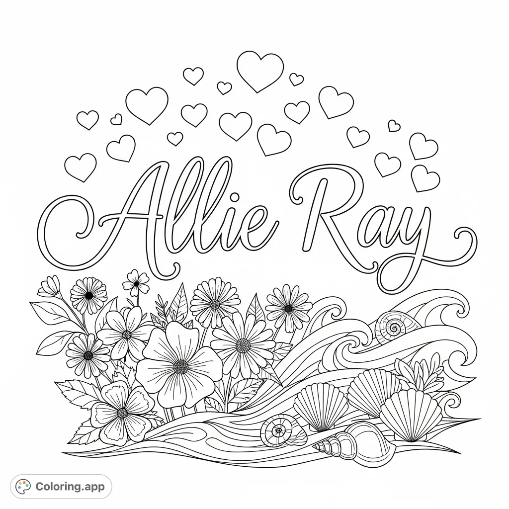 Color a personalized Allie Ray name design adorned with graceful cursive, delicate hearts, blooming flowers, intricate seashells, and serene ocean waves.