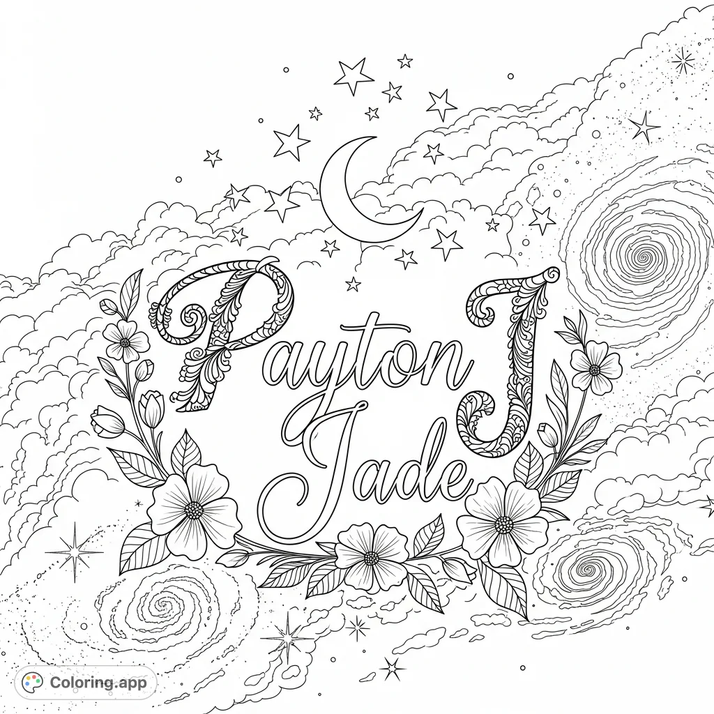 An elegant "Payton Jade" cursive name coloring page, surrounded by delicate flowers, a crescent moon, stars, and a swirling galaxy background.