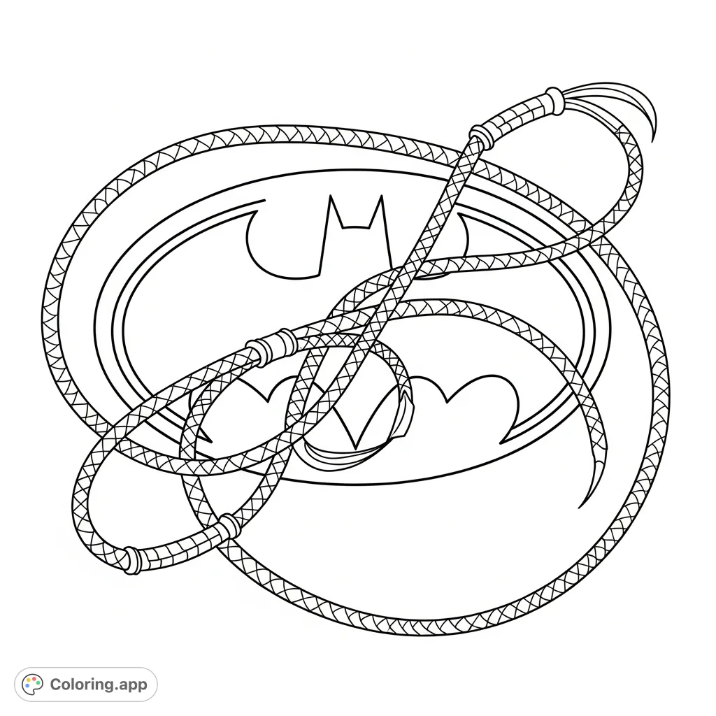 An iconic Batman symbol gracefully intertwined with Catwoman's whip, forming an elegant infinity symbol. A dynamic superhero coloring page for fans to personalize!