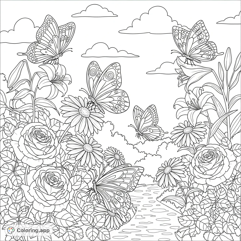 Discover a serene garden scene with graceful butterflies dancing among a vibrant array of flowers. A peaceful nature coloring page for all ages.