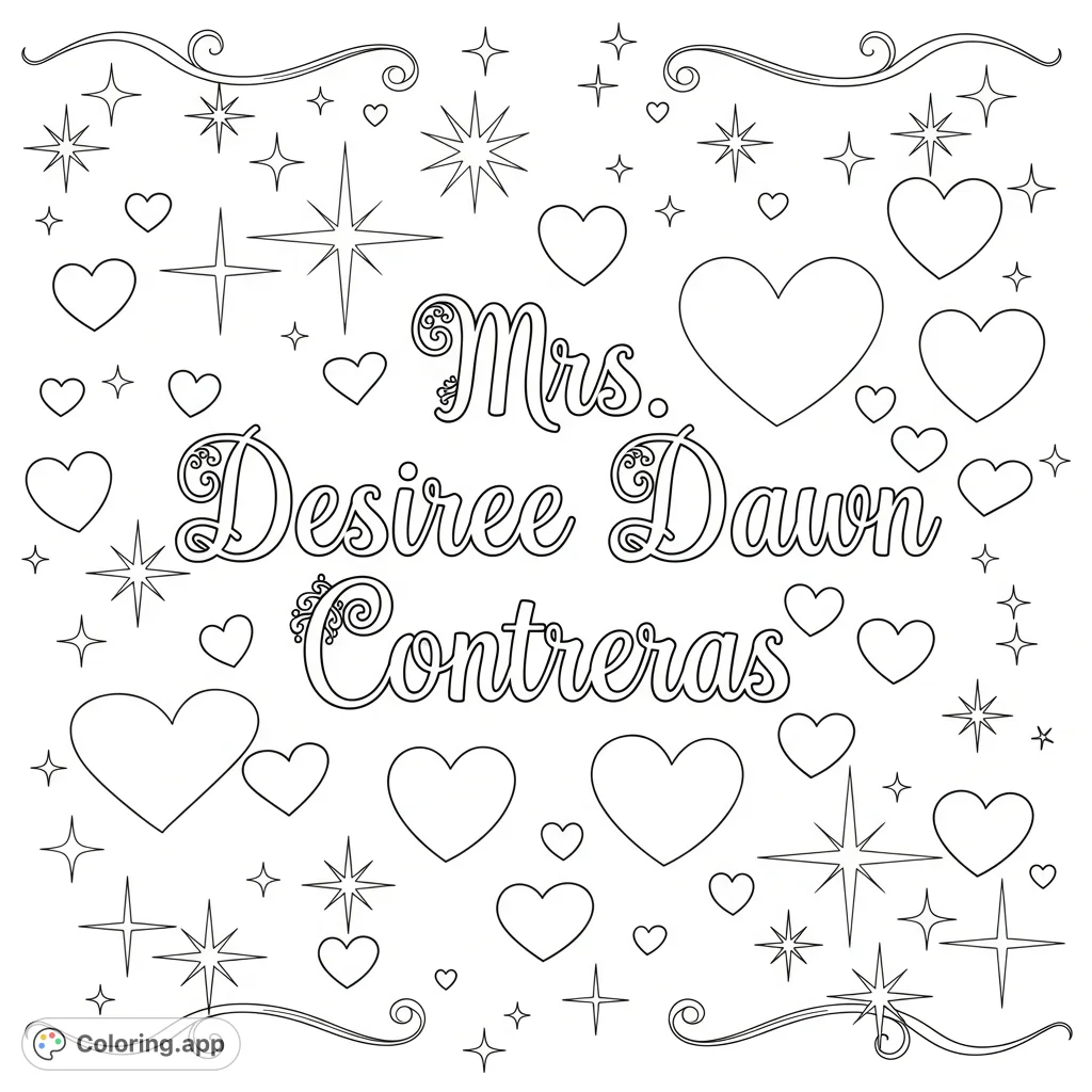 A charming Mrs. Desiree Dawn Contreras coloring page featuring her name in elegant script, surrounded by whimsical hearts and dazzling sparkles.