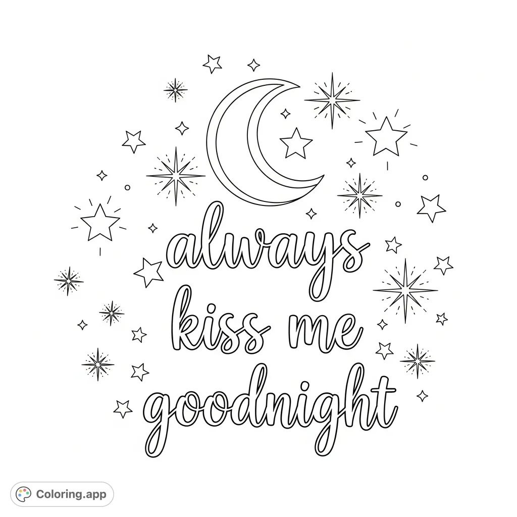 A heartfelt 'always kiss me goodnight' phrase amidst twinkling stars and a serene moon, perfect for a cozy, celestial coloring escape.