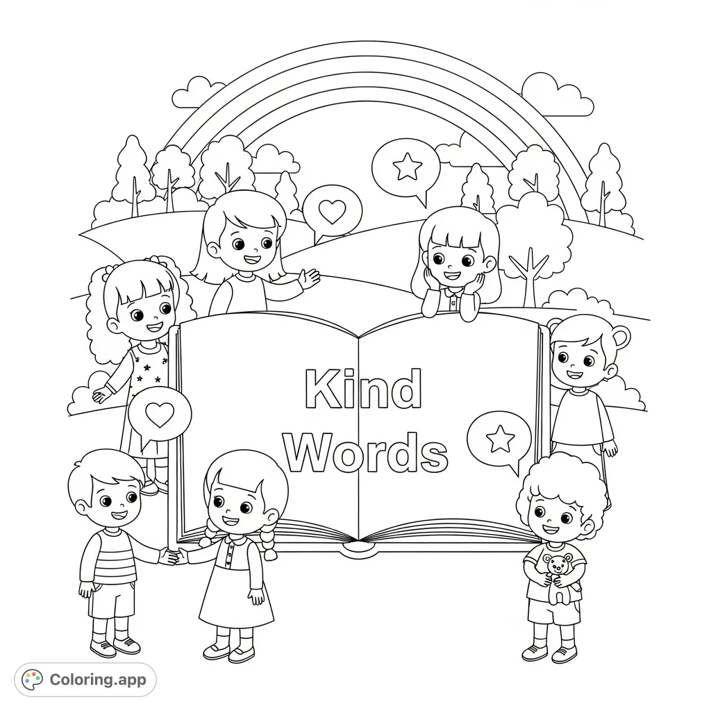 Discover a free printable coloring page about positive communication. Features children, animals, and symbols of kindness for mindful expression.