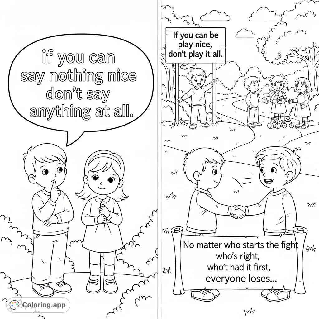 A heartwarming coloring page illustrating valuable lessons on kindness, respectful communication, and conflict resolution, perfect for teaching positive social skills.