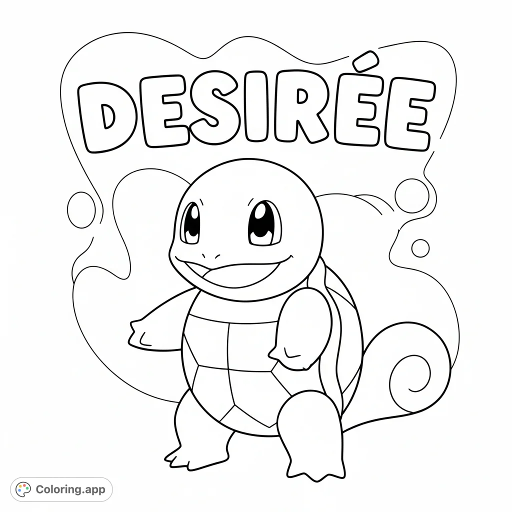 A fun, personalized coloring page featuring the beloved Squirtle character with its friendly face and patterned shell, alongside the name 'DESIREE' in bold letters. Perfect for fans!