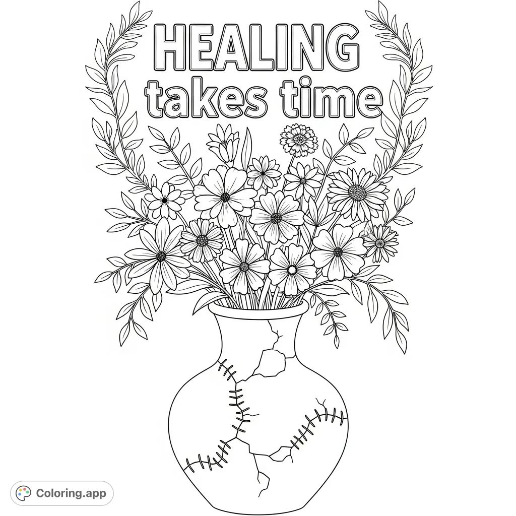 An inspiring adult coloring page featuring a cracked vase mended with sprouting flowers, symbolizing healing and resilience.