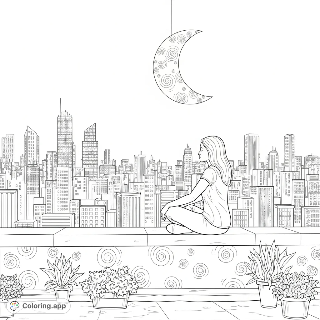 A peaceful woman sits on a city rooftop at night under a crescent moon, finding calm amidst the urban sprawl. This strength and calm coloring page offers a tranquil escape.