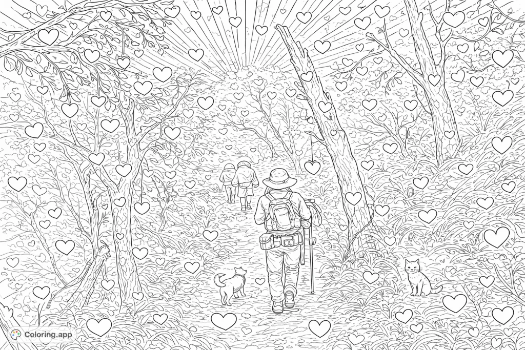 Embark on a detailed forest adventure with hikers traversing a misty path, surrounded by intricate trees and wild foliage. Features pet companions and heart patterns for a storybook feel.
