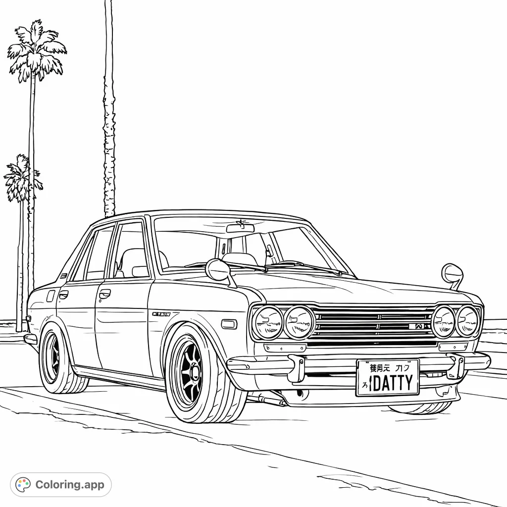 Color a detailed classic coupe, reminiscent of a Datsun 510, parked along a scenic coastline with tall palm trees and a vast sky.