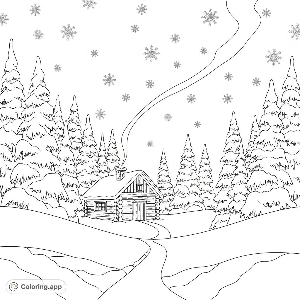 Explore a tranquil winter wonderland with a rustic cabin, snow-laden fir trees, soft snow drifts, and falling snowflakes. A serene escape awaits your creative touch.