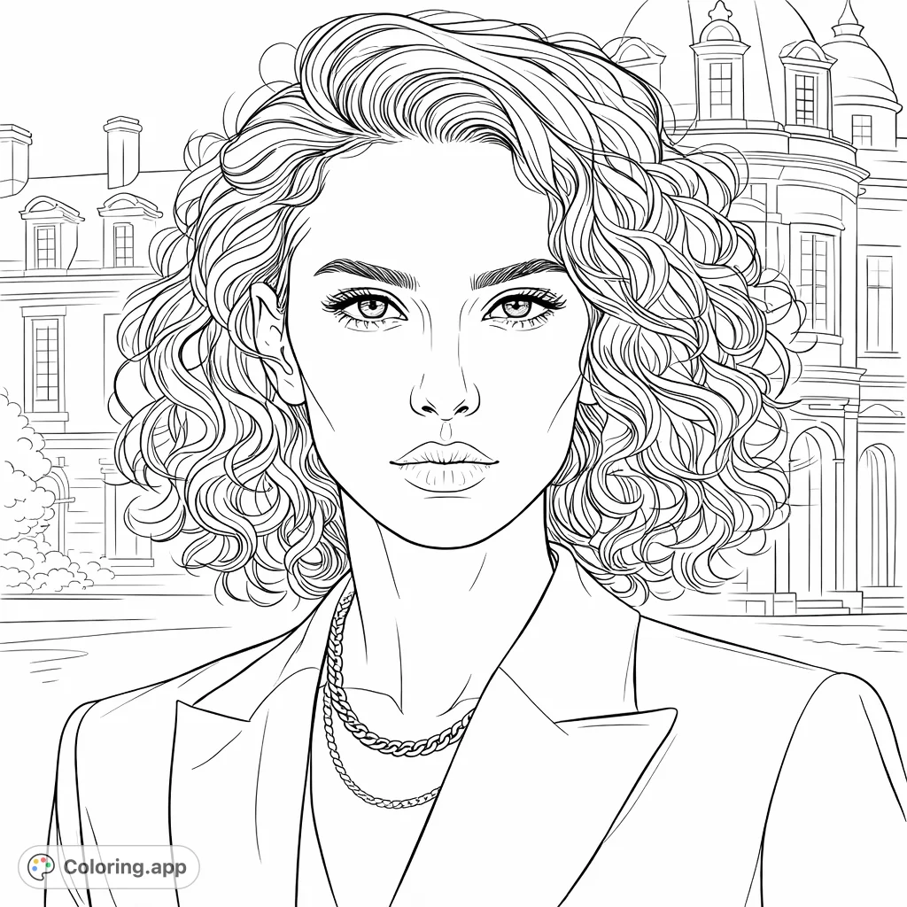 A striking portrait of a woman with elegant curly hair and chic jewelry, set against a classic city building. Perfect for fashion and architectural enthusiasts.
