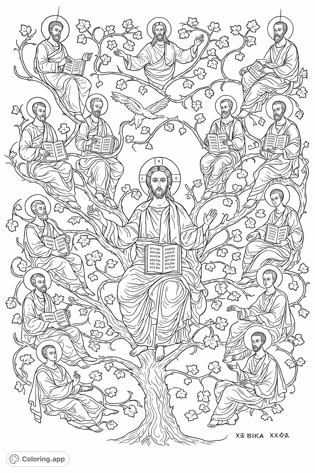 An iconic representation of Christ as the vine, with Apostles as branches, offering a rich tapestry of faith and devotion to color.