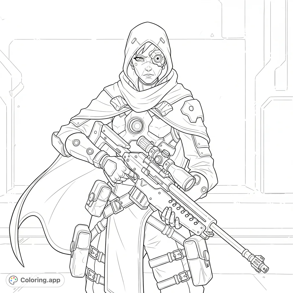 A detailed Ana Amari Overwatch 2 coloring page, featuring the veteran sniper in her iconic gear, poised for action. Perfect for fans of the game.