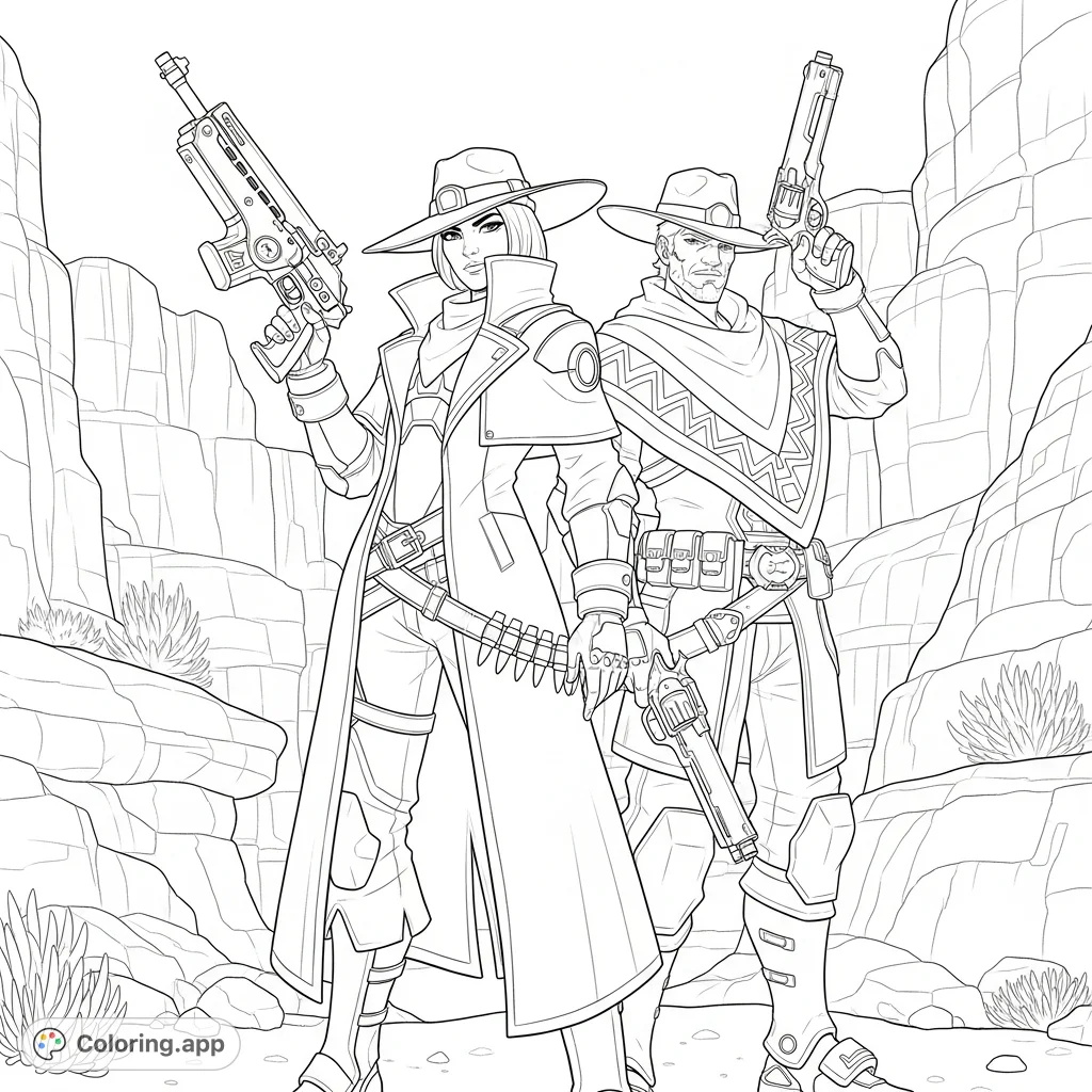 An action-packed Overwatch 2 coloring page featuring Ashe and Cassidy in a detailed western-themed scene, perfect for fans of the game.