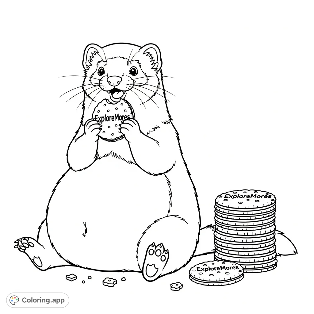 Discover a happy, plump ferret enjoying an "ExploreMores" cookie, surrounded by a delicious pile and crumbs. A charming, free printable ferret coloring page for all ages!