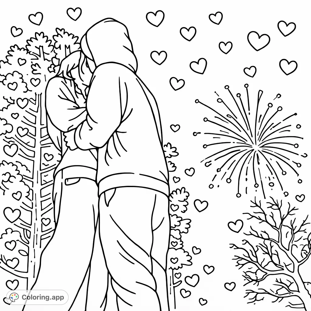 A romantic embrace beneath a sky illuminated by a grand fireworks display and surrounded by winter trees. Features a cartoony, minimalist style with decorative heart patterns.