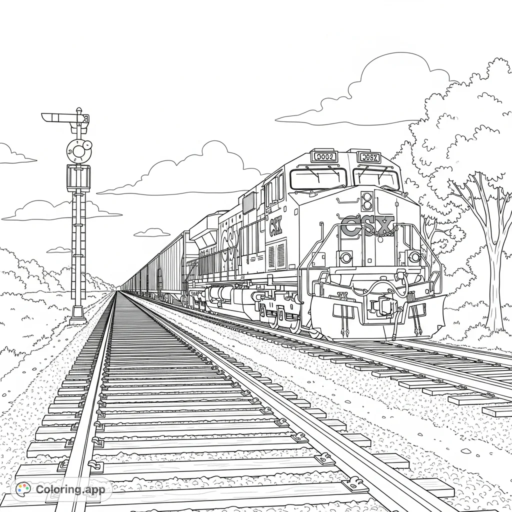 Discover a detailed CSX train on tracks, complete with locomotive and freight cars. Perfect for rail enthusiasts of all ages!