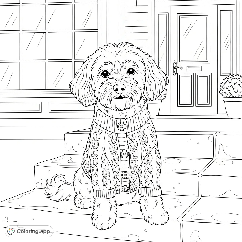 An adorable fluffy dog in a charming cable-knit cardigan sits patiently on stone steps outside a quaint coffee shop, ready for a fun coloring adventure.