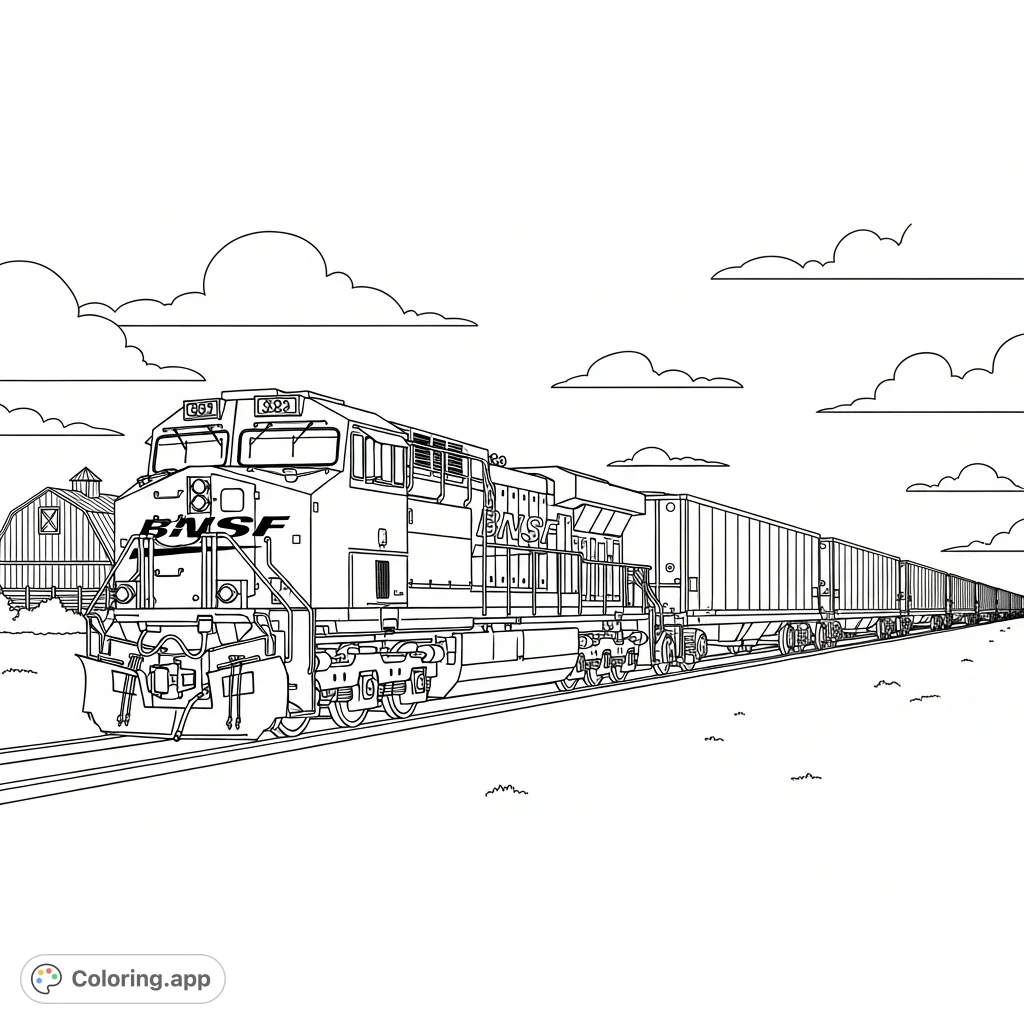 An easy BNSF train with cargo trailers coloring page. A free printable train coloring page for kids and transportation enthusiasts.