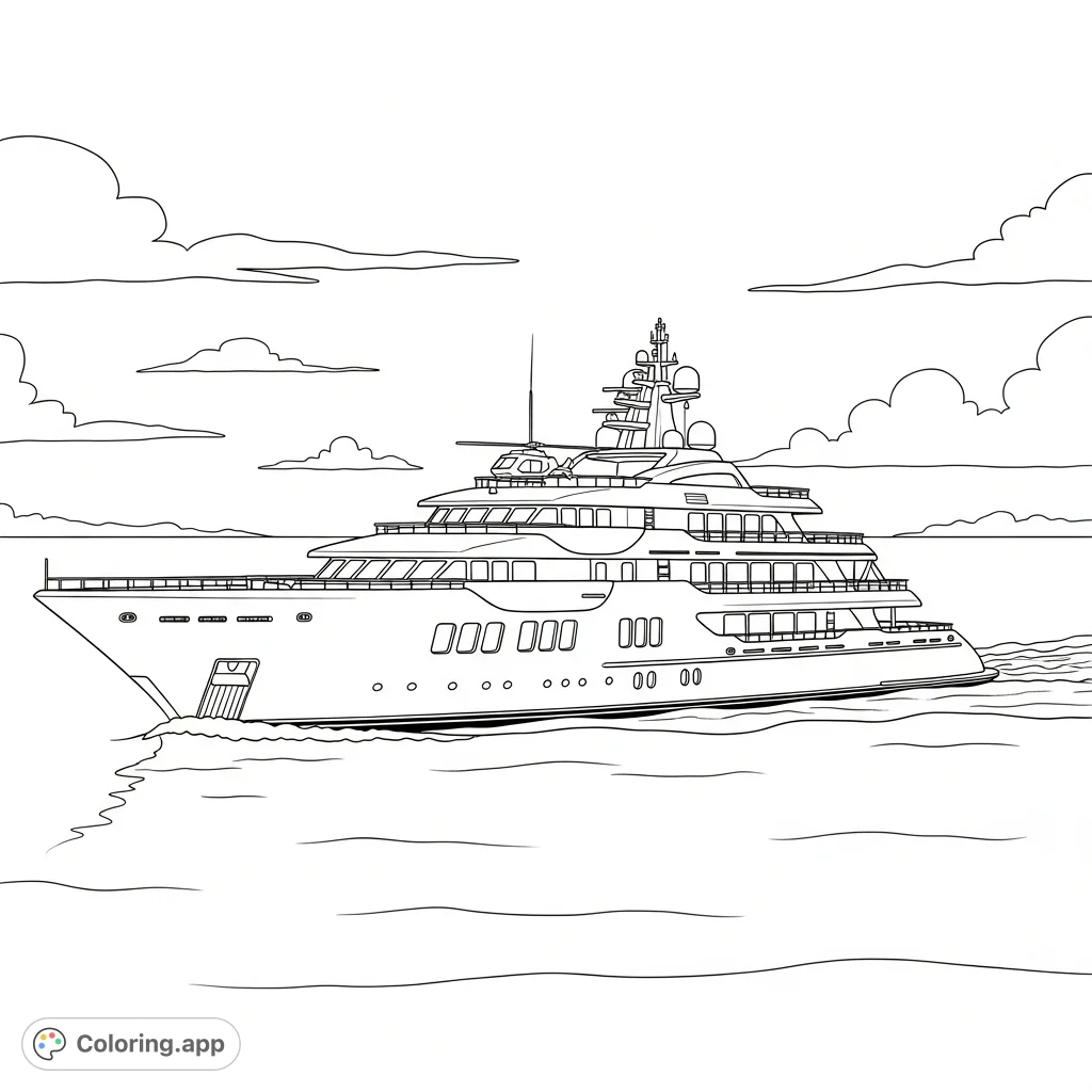 Embark on a sophisticated coloring journey with a luxury mega yacht gracefully floating across the open sea, featuring sleek lines, multiple decks, and a helipad.