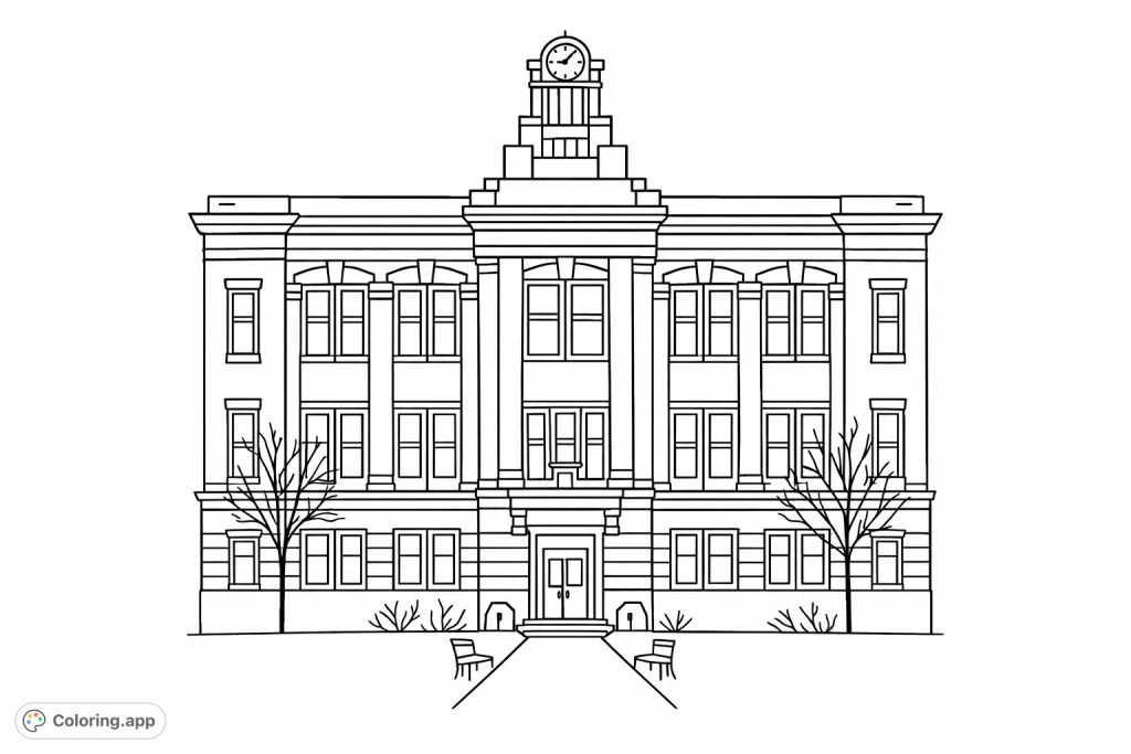 Discover a grand, symmetrical public building with a clock tower. Perfect for an architecture coloring page, offering simple shapes and classic appeal for all ages.