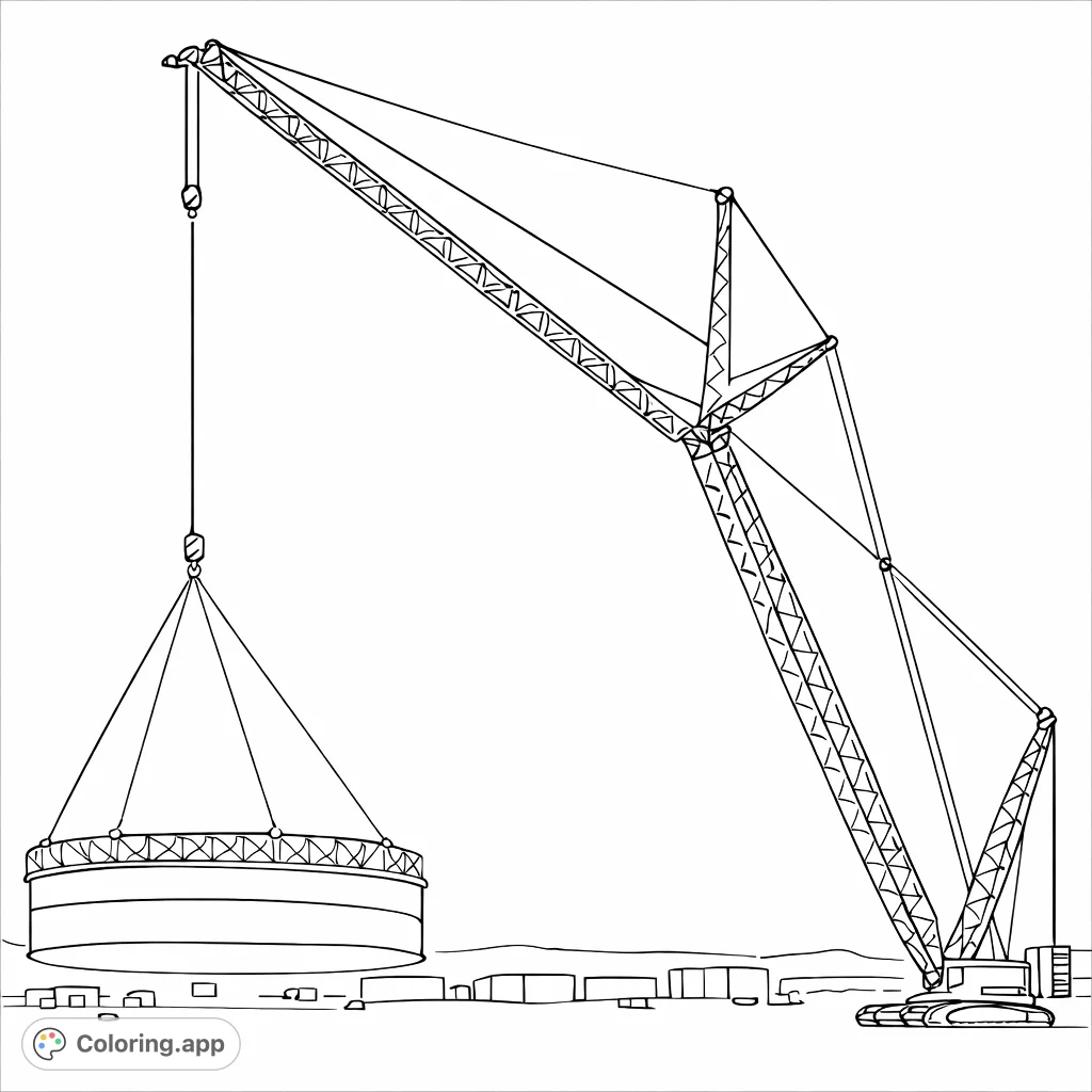 Color a powerful industrial crane lifting a massive circular structure against an open sky. A simple, striking scene for aspiring engineers and construction fans.