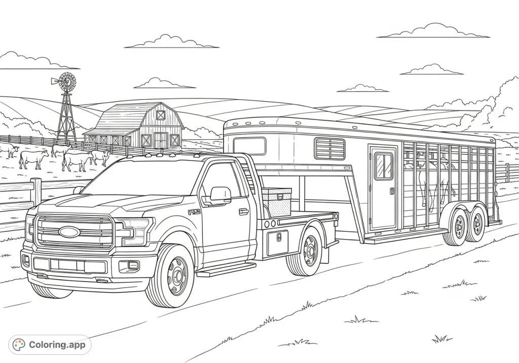 Explore a detailed Ford F-150 flatbed truck pulling a triple-axle ranch horse trailer through a rustic ranch scene. A captivating free printable coloring page.