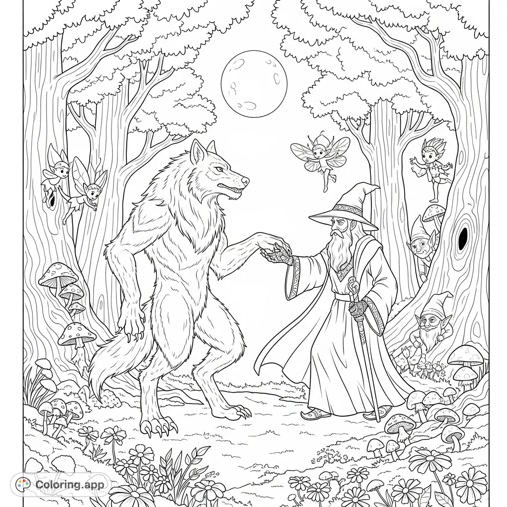 Unleash your creativity with this enchanting werewolf and wizard coloring page! Dance among mythical creatures in a mystical, moonlit forest filled with magic.