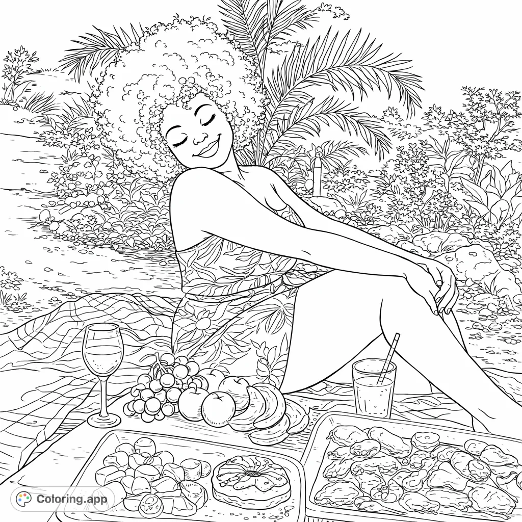 A delightful picnic scene featuring a smiling person with curly hair, surrounded by fruits, sweets, and treats in a lush outdoor setting. Perfect for relaxation and creativity!