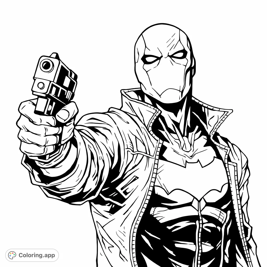 Color a powerful masked vigilante figure, ready for action with a handgun. Perfect for fans of comic book heroes and dynamic scenes.