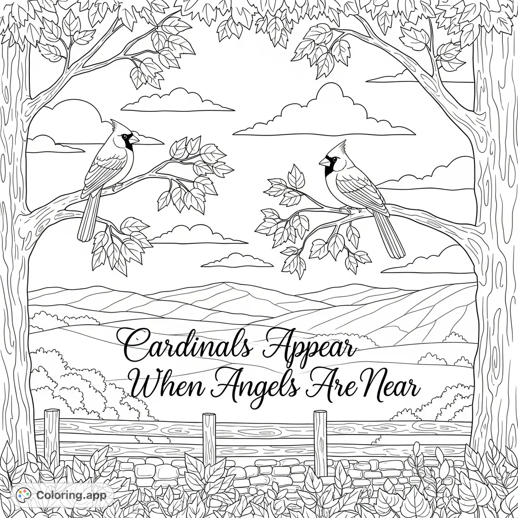 A tranquil West Virginia scene with two cardinals perched on branches, framed by the heartfelt message "Cardinals Appear When Angels Are Near" amidst natural foliage.
