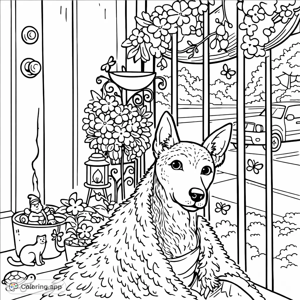 Curl up with this charming free printable dog coloring page! Features a cozy canine, decorative plants, and delightful animal motifs on a welcoming porch.
