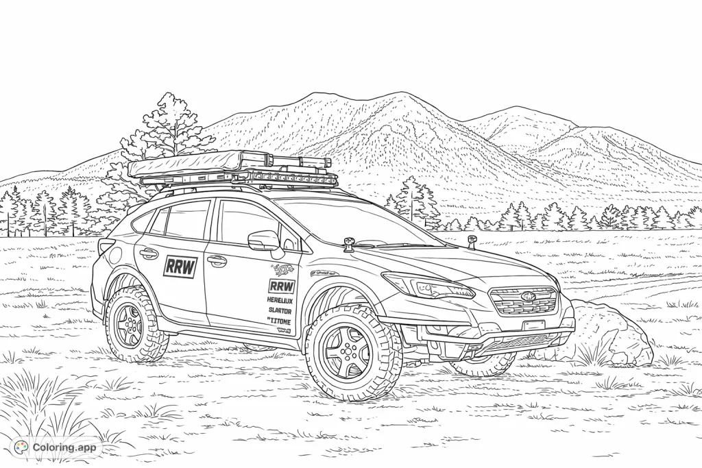 Embark on an adventure with this detailed off-road vehicle coloring page. Features a powerful hatchback amidst a mountain and forest landscape, ready for exploration.