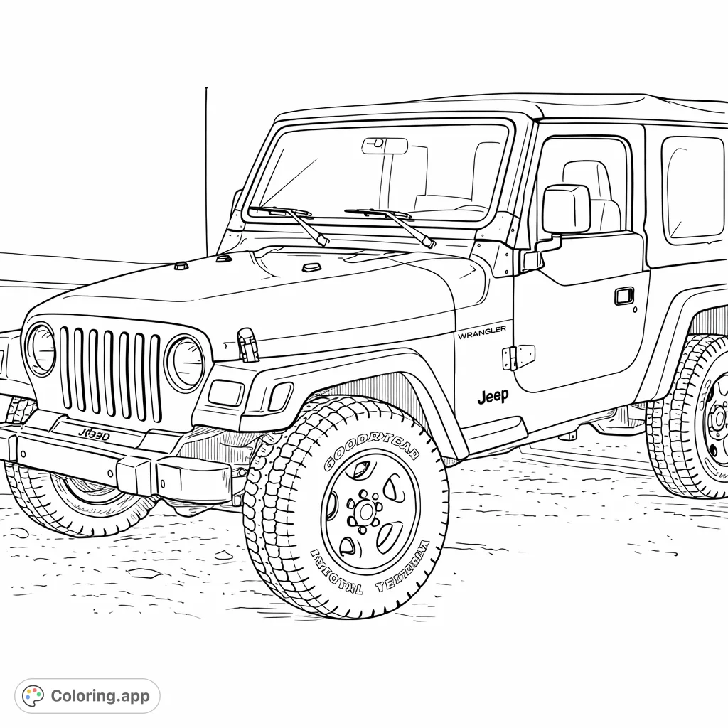 Color a classic utility vehicle ready for adventure. Features detailed grille, rugged tires, and open landscape background for creative exploration.