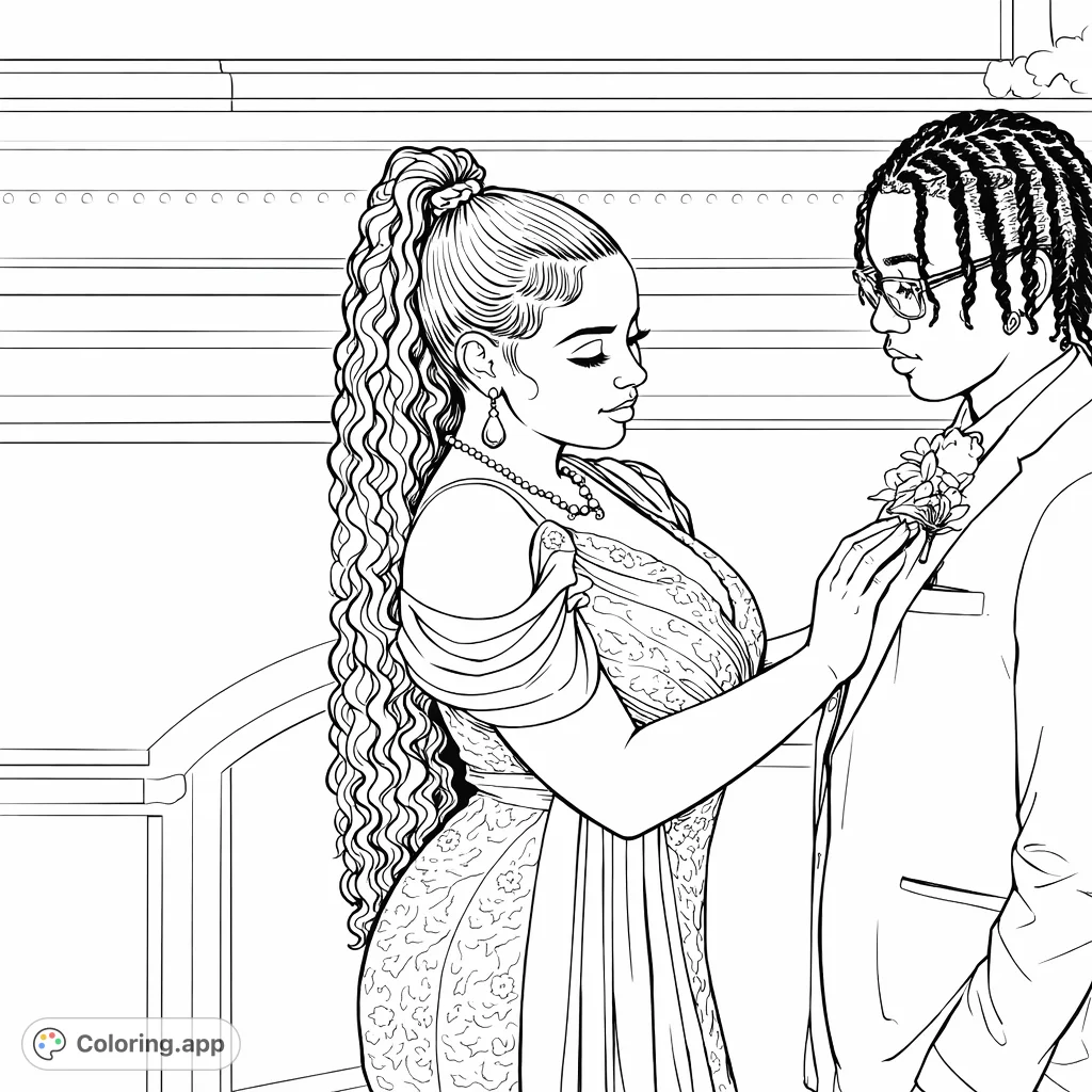 Capture a heartfelt moment between a formally dressed couple. This elegant formal event coloring page features intricate patterns and emotional connection.